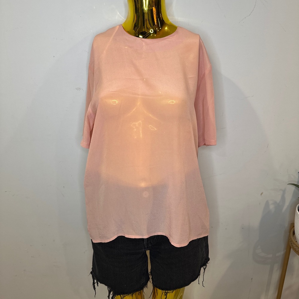 Vintage‎ 90s 100% Pure Silk Short Sleeve Blouse Peach Pink Keyhole Back MEDIUM